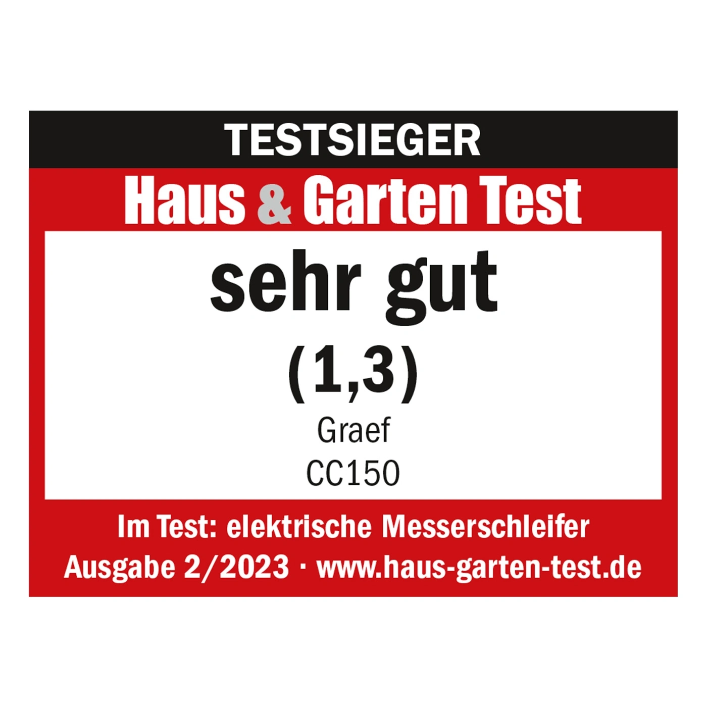 Test award for electric knife sharpener, rated very good by Haus & Garten Test.