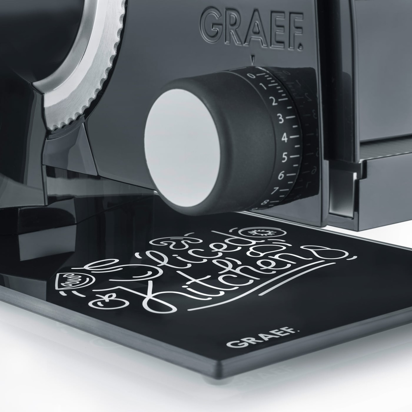 Graef slicer, black, close-up, blade, dial, text, kitchen, food, appliance