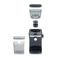 Explodierte Ansicht einer Kaffeemühle mit ihren Einzelteilen, grau