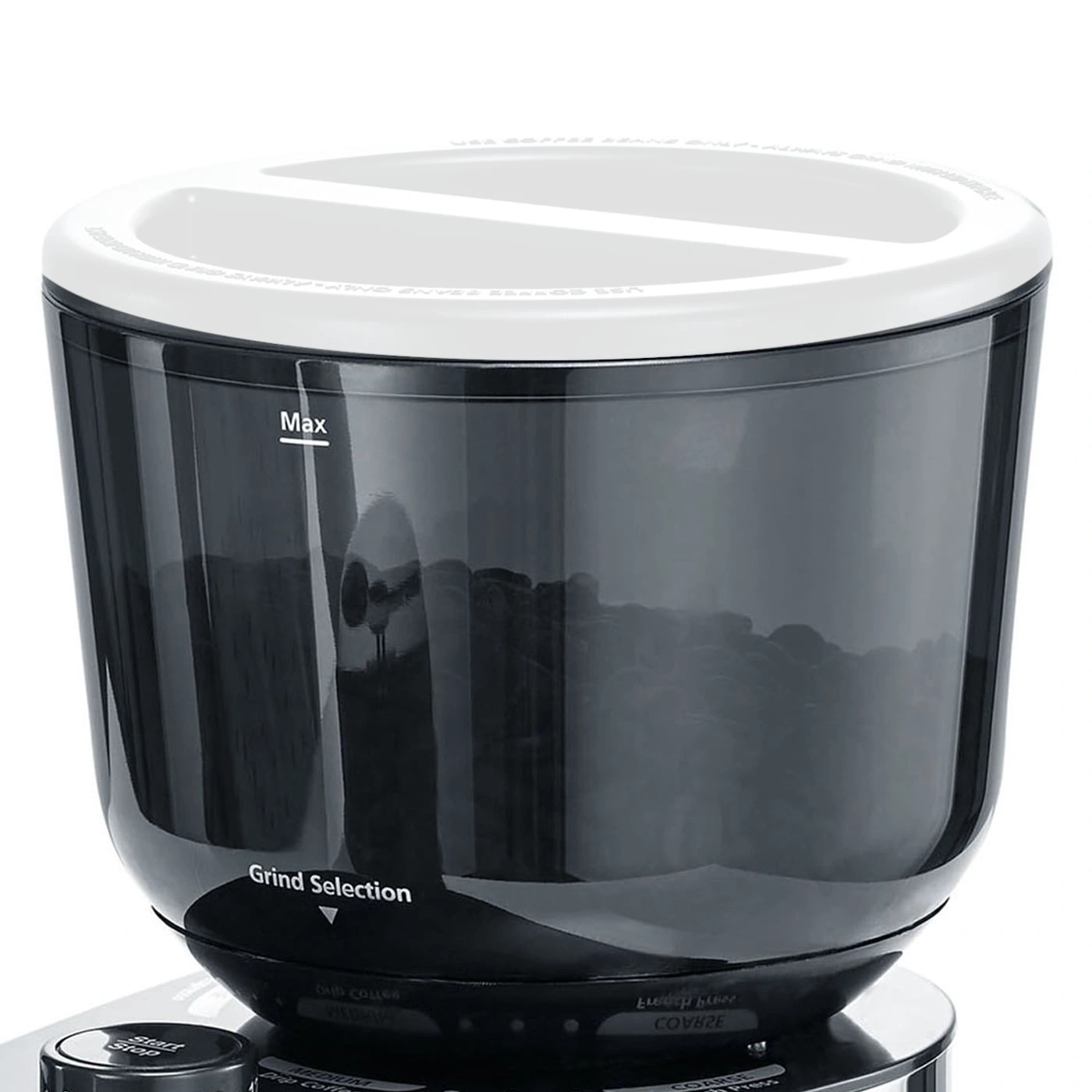 Coffee grinder with beans, max mark, grind selection, white lid, black container, close-up.