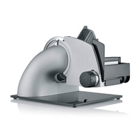 Elektrische Aufschnittmaschine, silberfarben, mit schwarzem Drehknopf und Basis