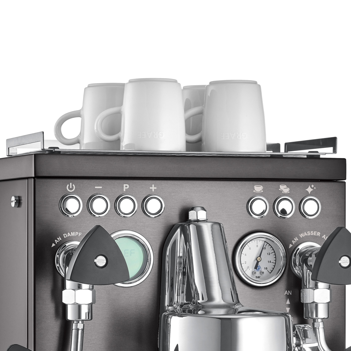 Espressomaschine mit Tassen, Knöpfen und Manometern. Schwarzes Design.