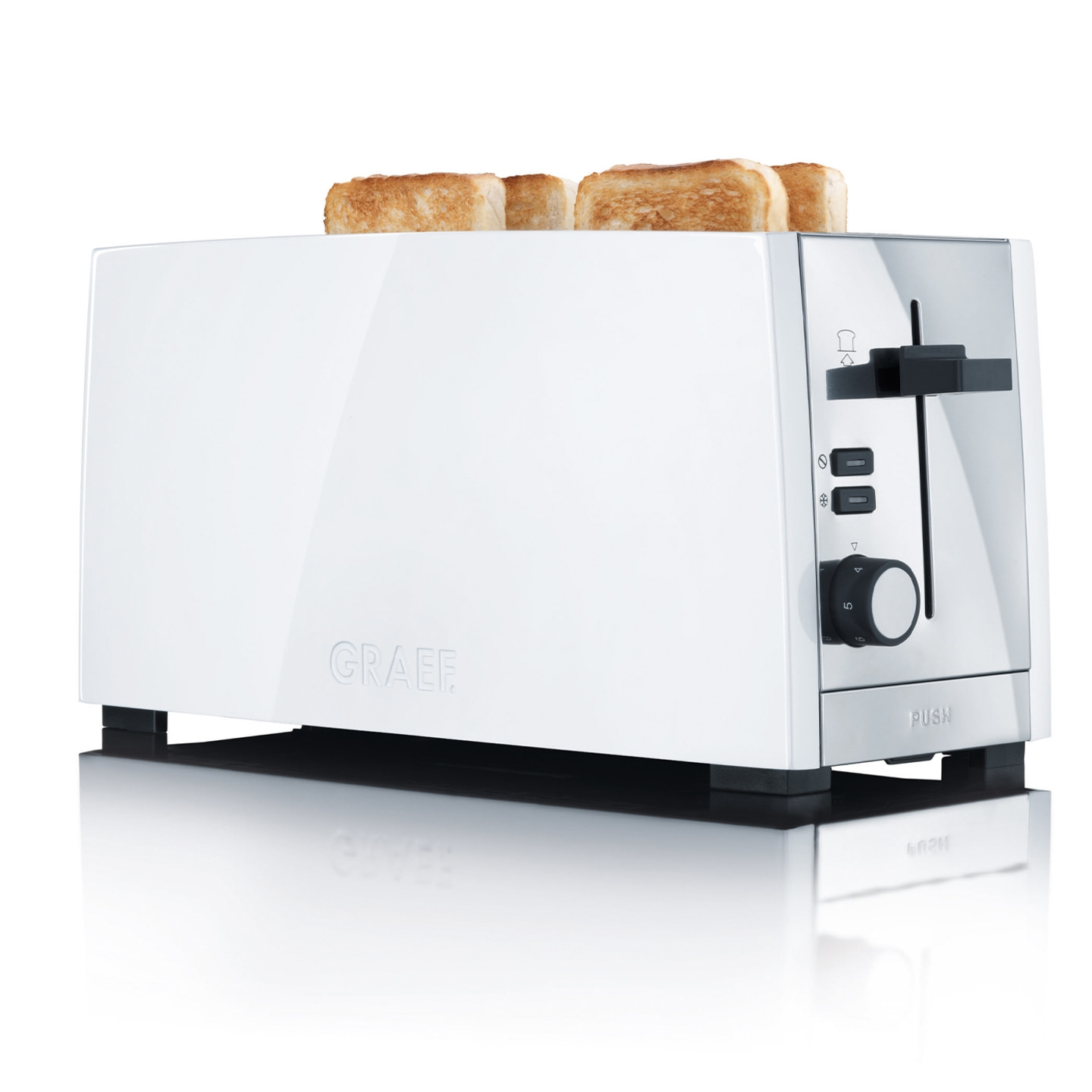 Weißer Toaster mit Toastbrot, glänzend, modern, Küche, Gerät, Graef, Brot