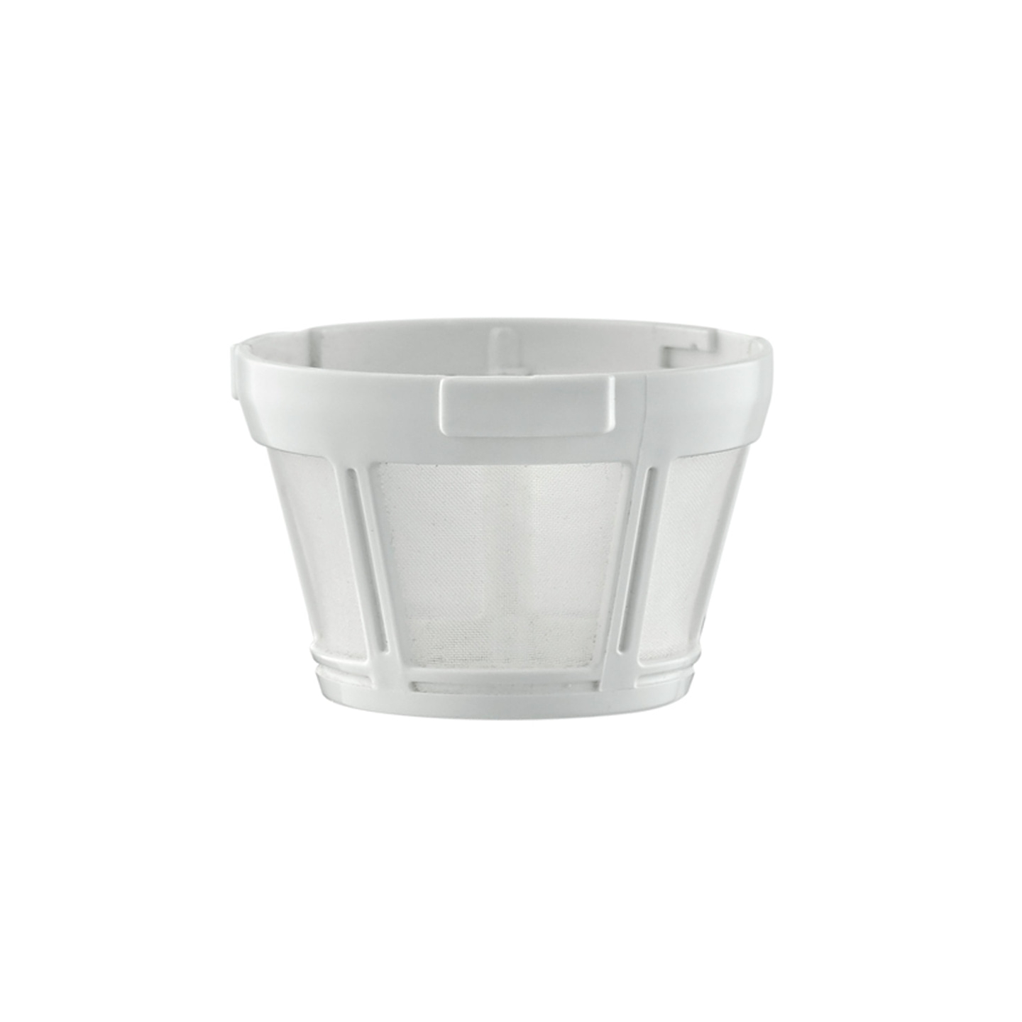 Weißer Kaffeefilter, der in einem Studio vor weißem Hintergrund fotografiert wurde.