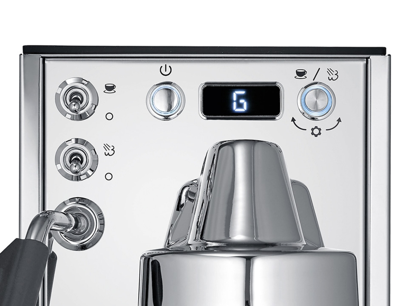 Nahaufnahme einer Kaffeemaschine mit digitalen Anzeigen und Bedienelementen.