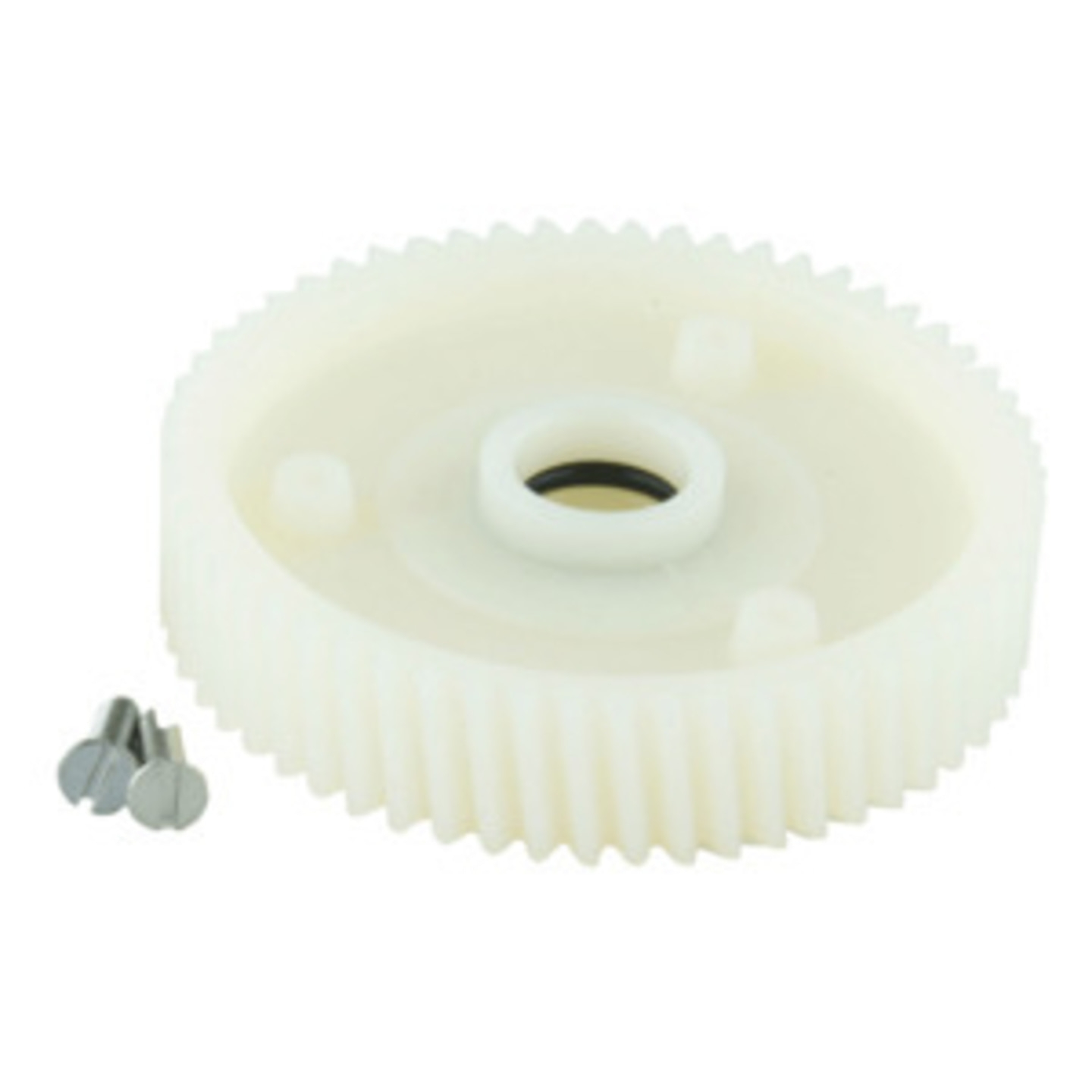 Zahnrad aus Kunststoff mit Schrauben, weiß, für mechanische Geräte.