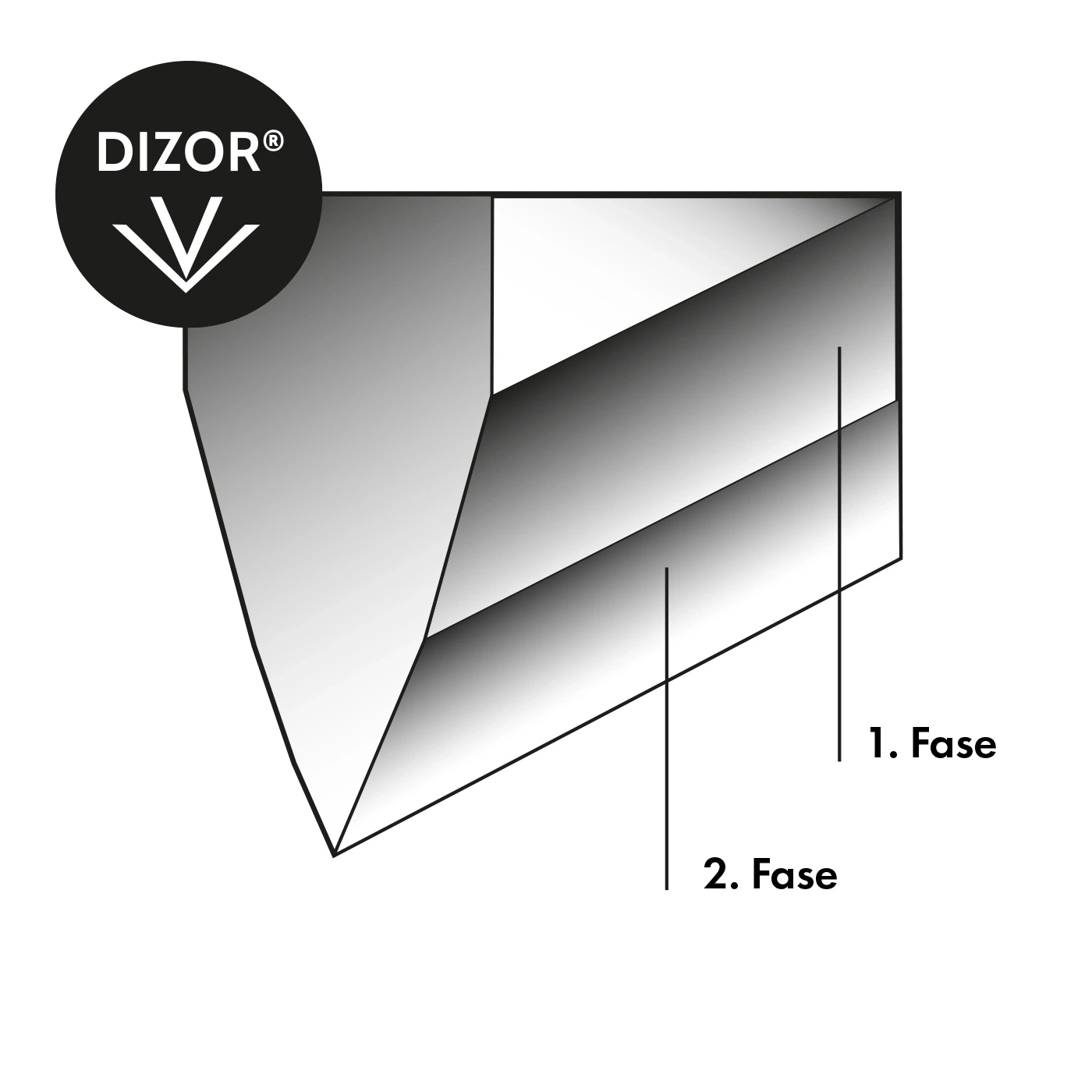 DIZOR-Logo mit Phasen-Diagramm, 1. und 2. Phase, schwarz-weiß