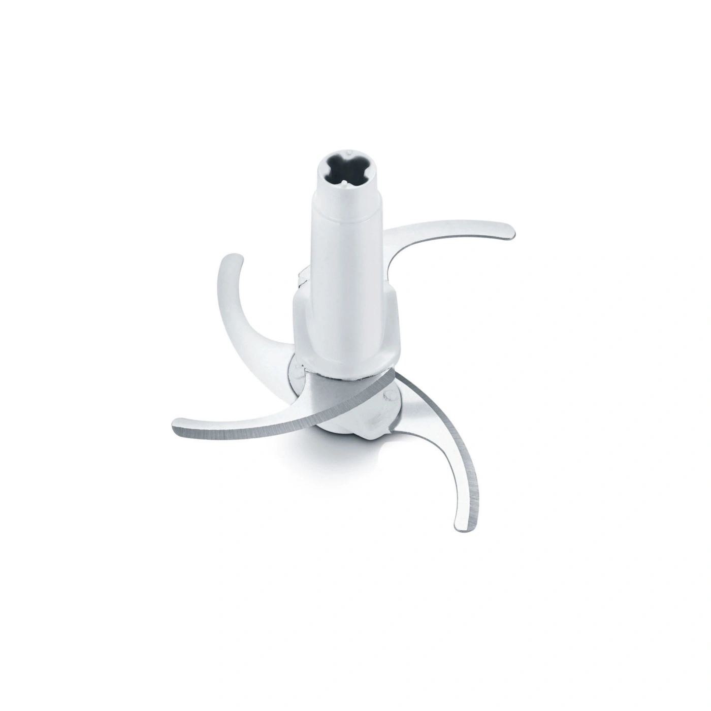 Close-up of a white food processor blade on a white background