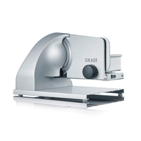 Graef Allesschneider, silberfarben, mit schwarzem Drehknopf und Schalter, Nahaufnahme