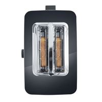 Schwarzer Toaster mit zwei Toastscheiben, Nahaufnahme, isoliert auf Weiß