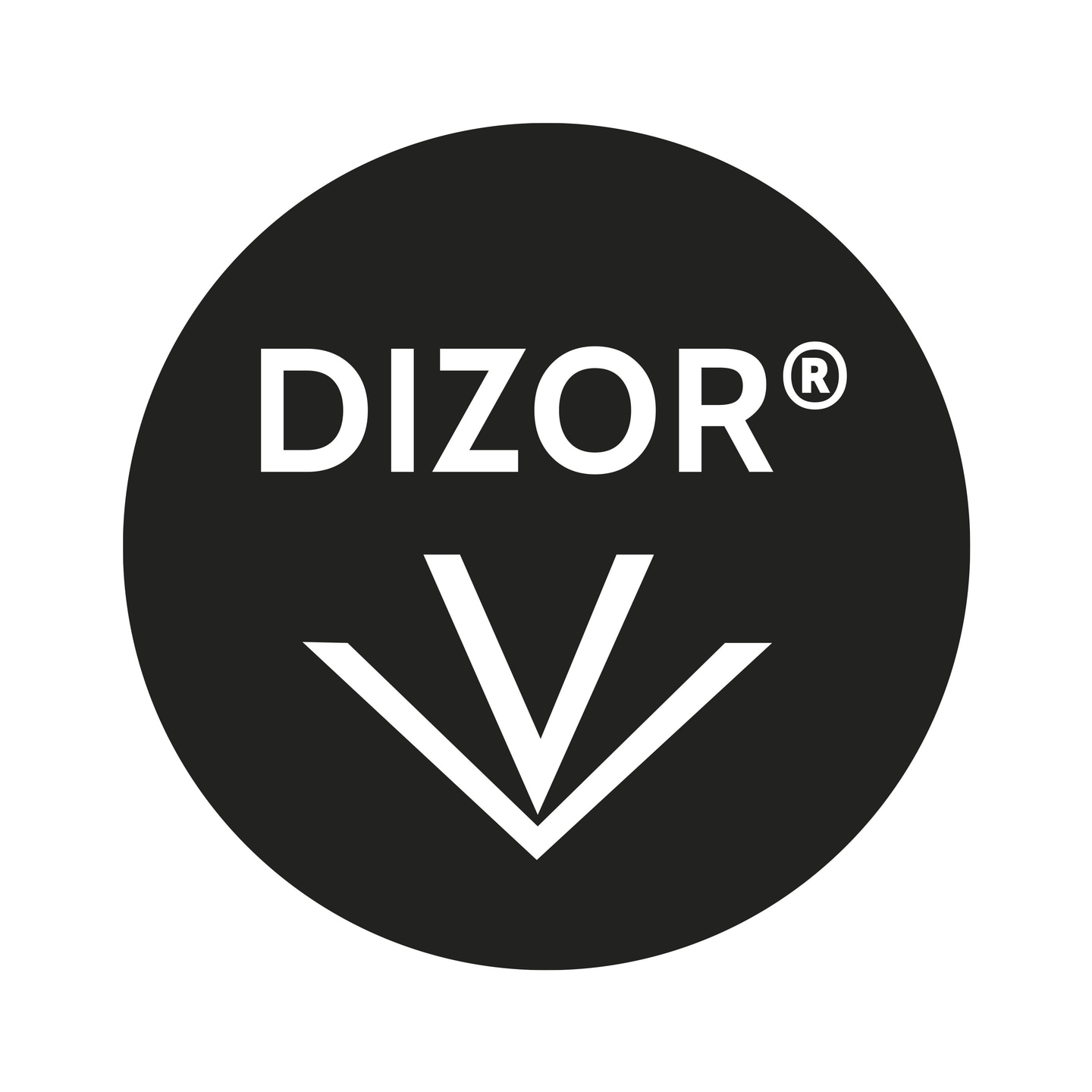 Dizor-Logo, schwarzer Kreis mit weißem Text und Pfeil nach unten