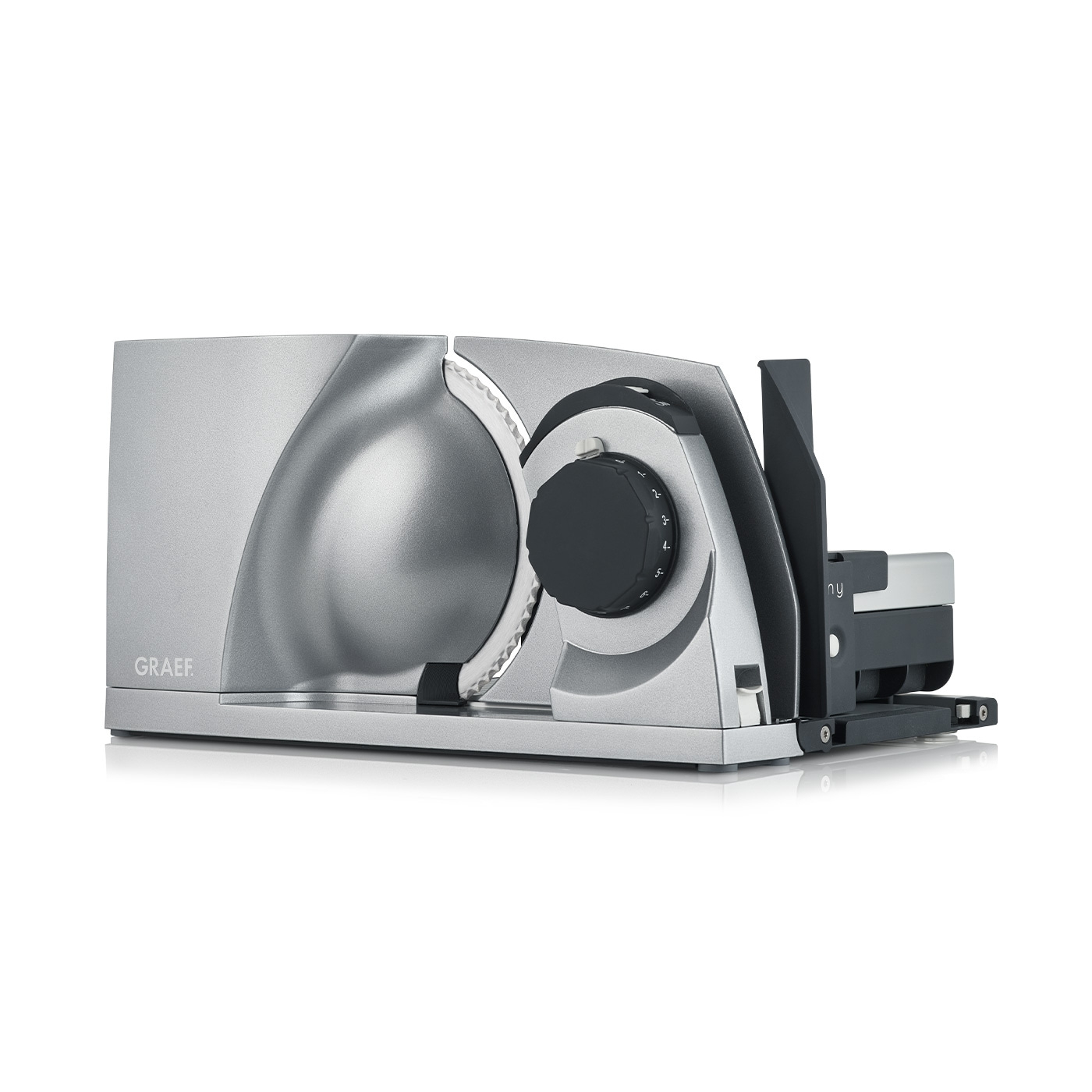 Silver Graef food slicer with black knob and blade, perfect for slicing food.