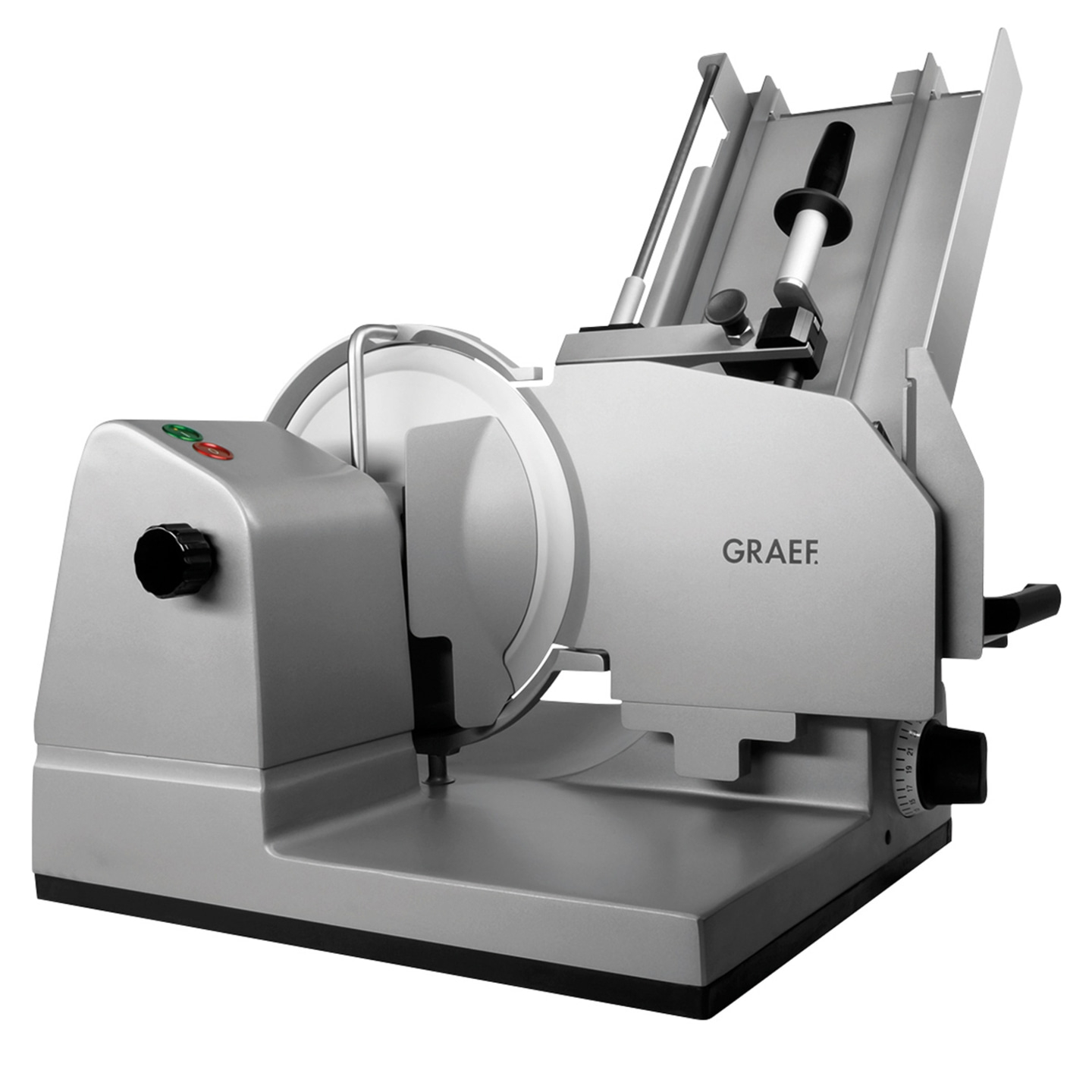 Graef Allesschneider, silberfarben, mit Schneidmesser und Bedienknöpfen, Nahaufnahme