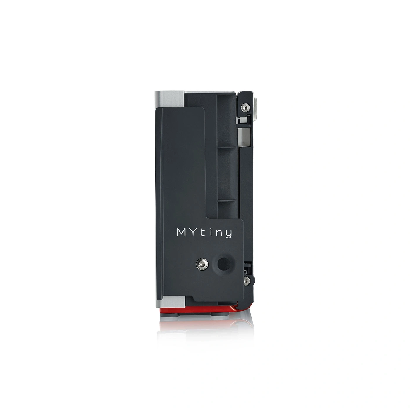 Black device with MYtiny text on a white background, side view.