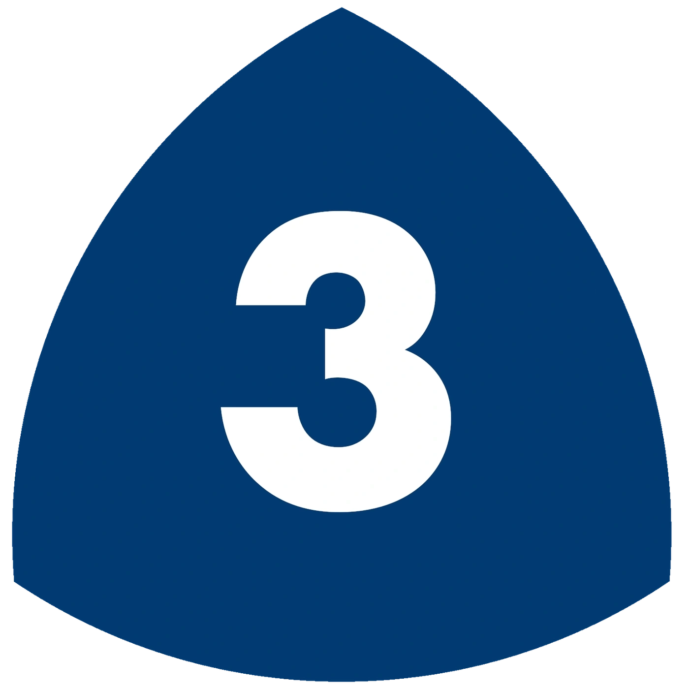 Blue triangle with white number 3, road sign, highway number, traffic symbol