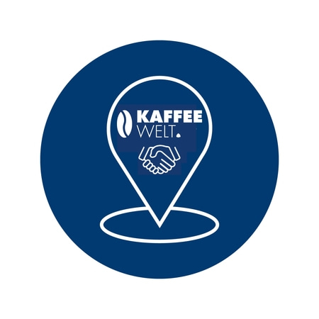 Blauer Kreis mit weißem Kaffee-Welt-Logo und Handshake-Symbol.