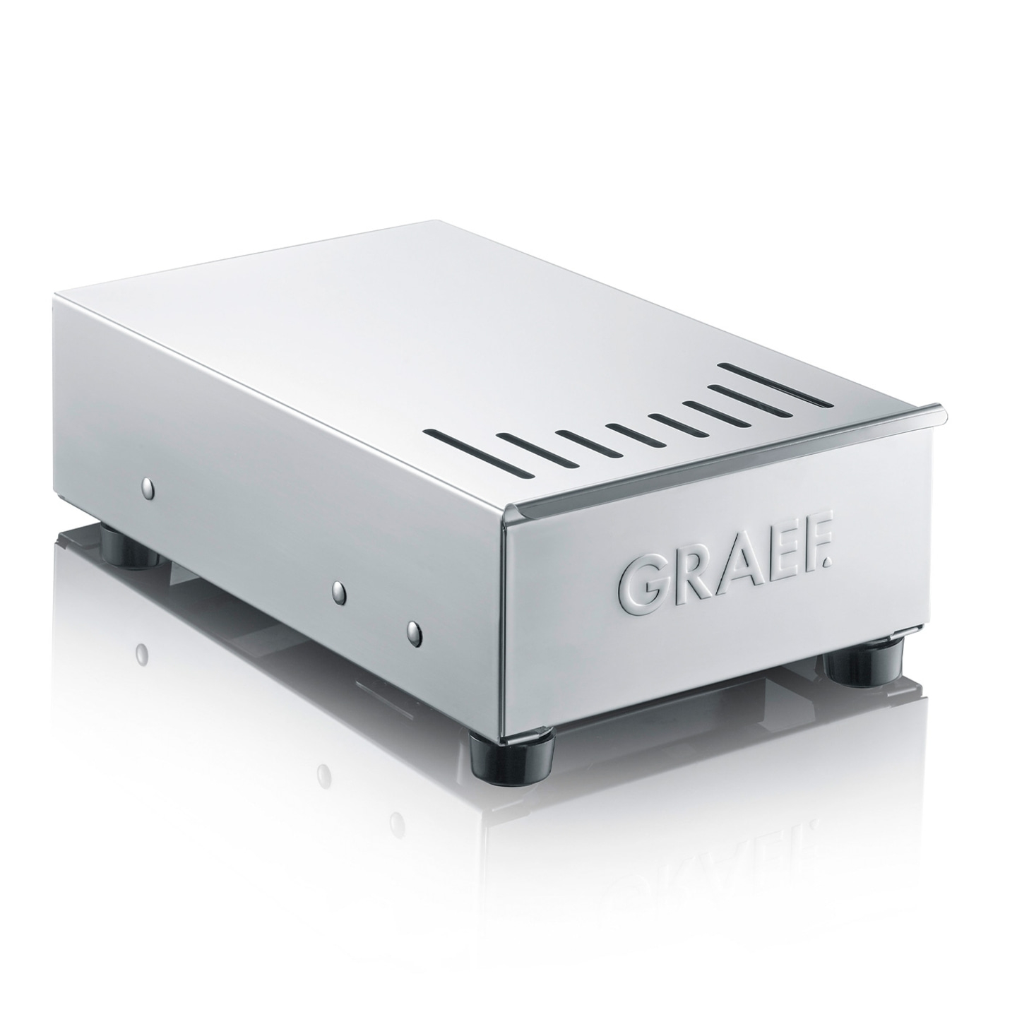 Silberne GRAEF-Kaffeemaschine mit schwarzen Füßen und Schlitzen auf der Oberseite.