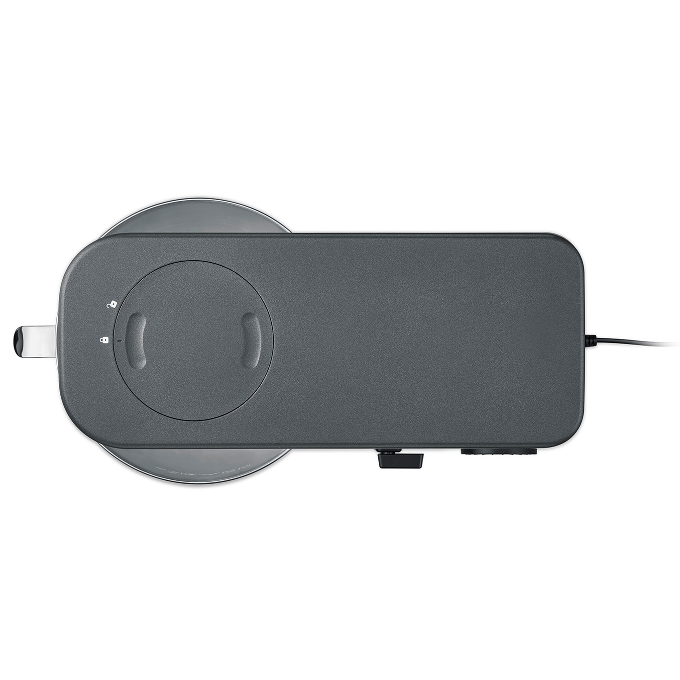 Draufsicht auf ein graues Küchengerät mit Kabel und Knöpfen