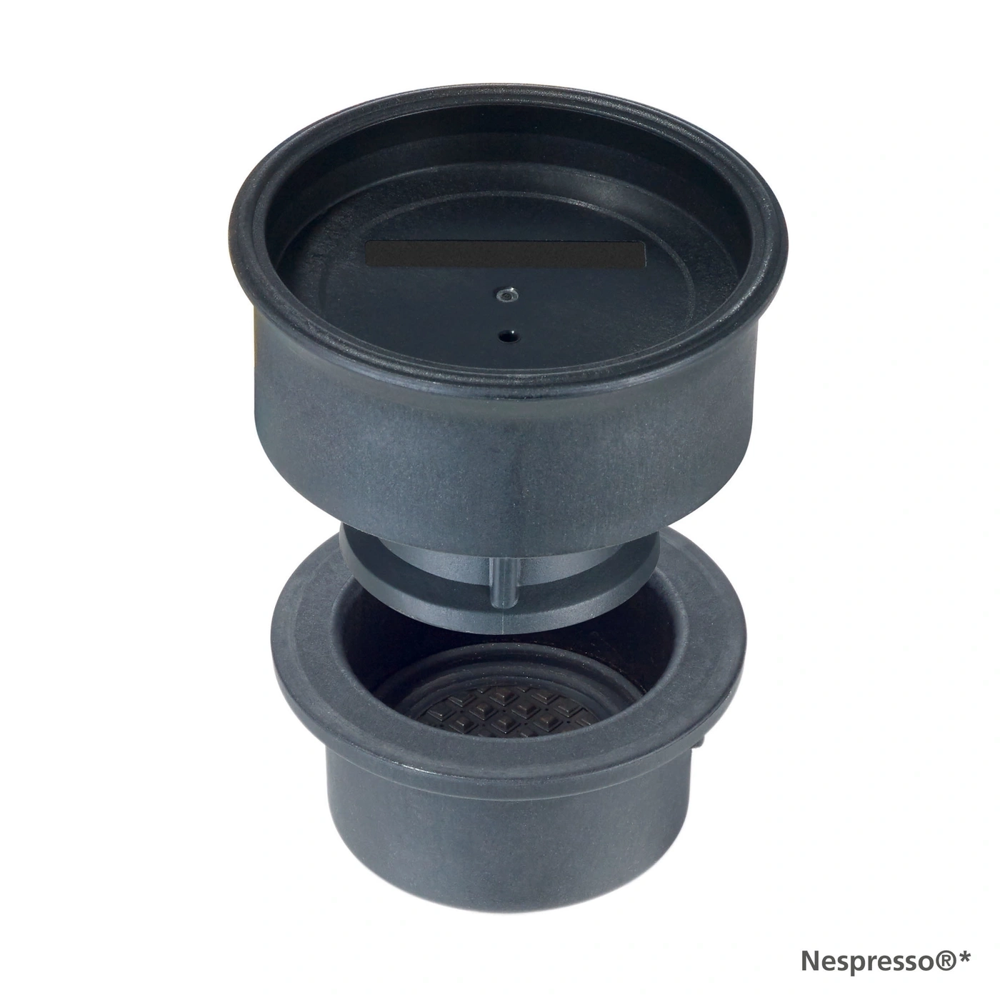 Black coffee machine attachment, separated, for capsules, with Nespresso logo.
