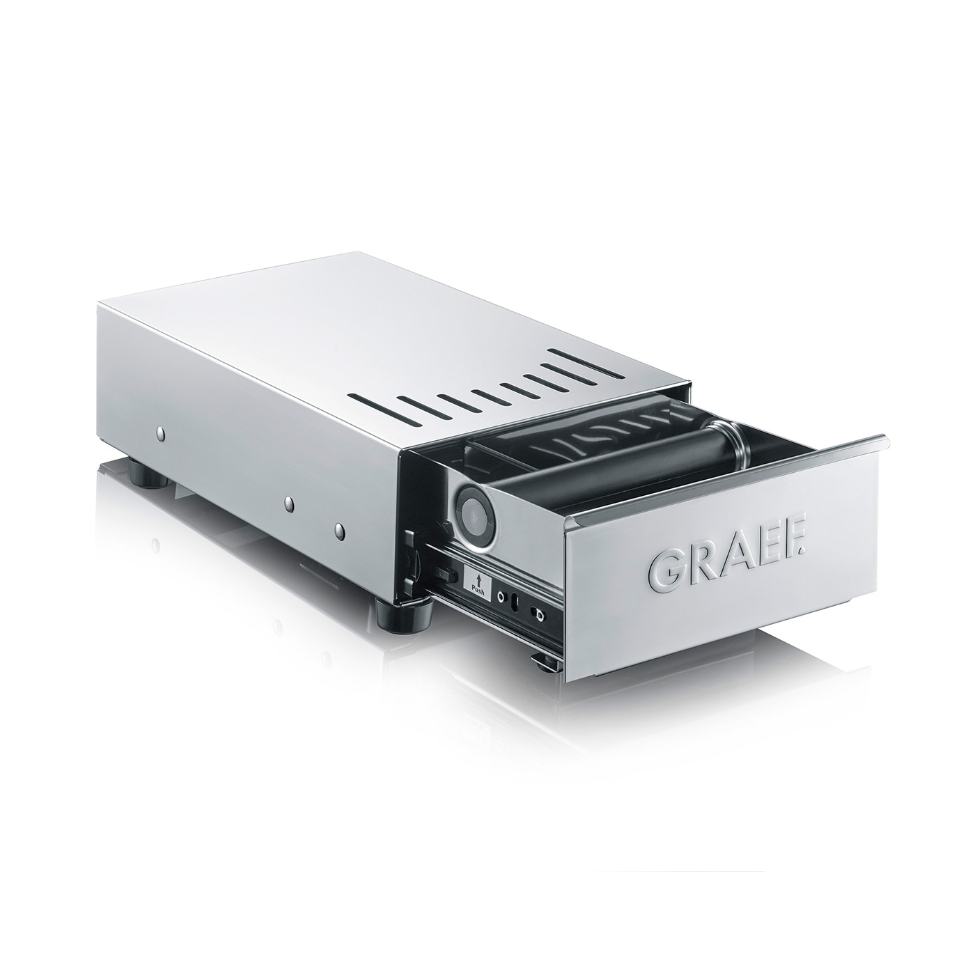 Silberne Kaffeemaschine mit Schublade und GRAEF-Logo, geöffnet.