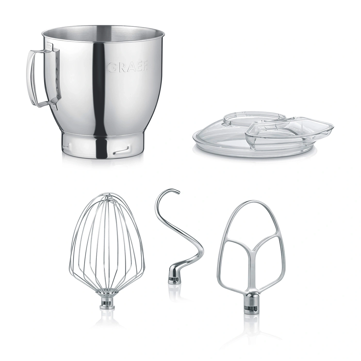 Küchenmaschine mit Zubehör: Schüssel, Deckel, Schneebesen, Knethaken, Rührwerkzeug.