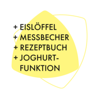 Gelbes Dreieck mit Text: Eislöffel, Messbecher, Rezeptbuch, Joghurt-Funktion