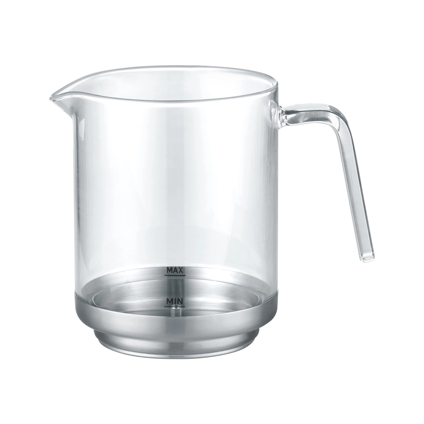 Glass pitcher with metal base and handle, MAX and MIN markings
