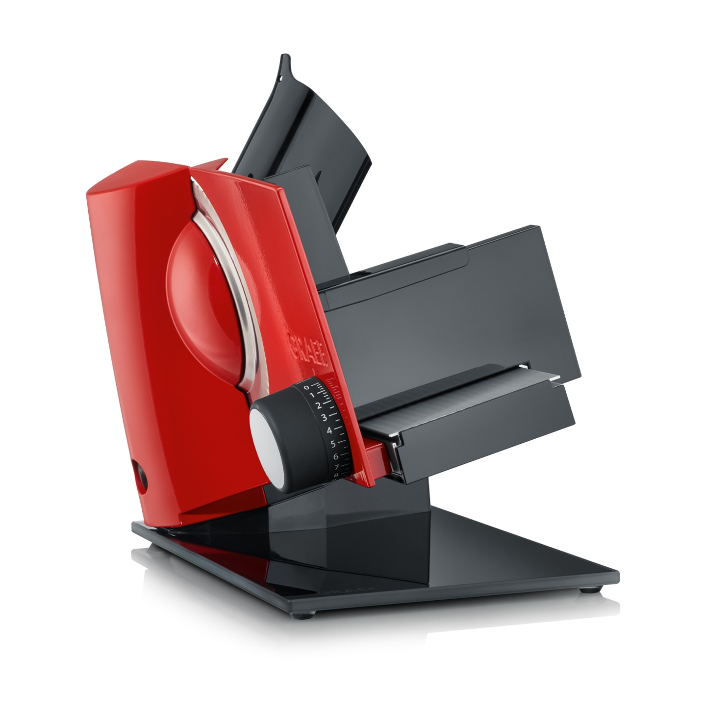 Roter Allesschneider mit schwarzem Unterbau und Einstellrad für die Schnittstärke.