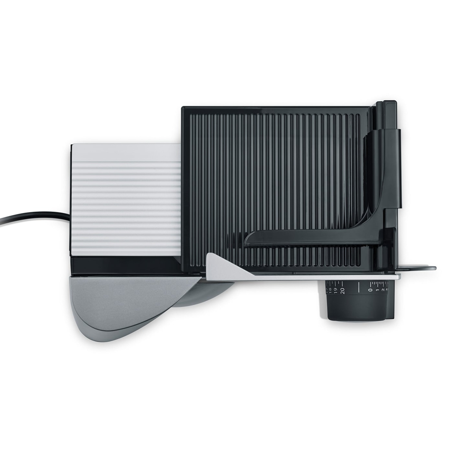 Electric food slicer, black, gray, detail shot, isolated, white background, kitchen appliance