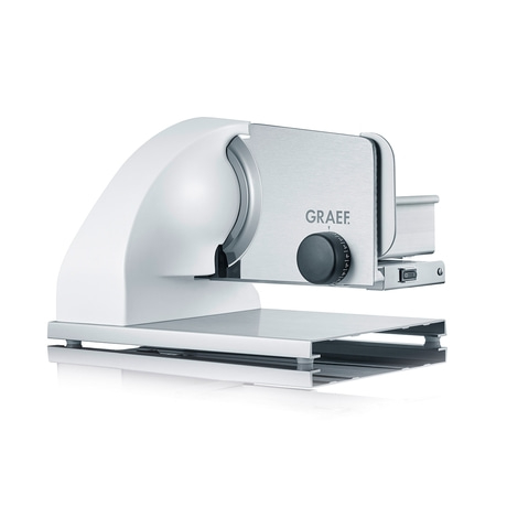 Elektrische Aufschnittmaschine, weiß und silber, GRAEF-Logo, Detailaufnahme, isoliert