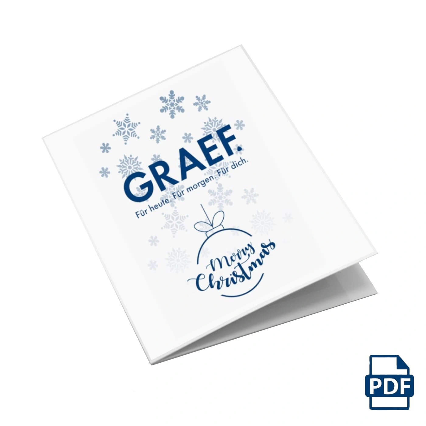 Christmas card with snowflakes, GRAEF logo, and Merry Christmas text, PDF icon.