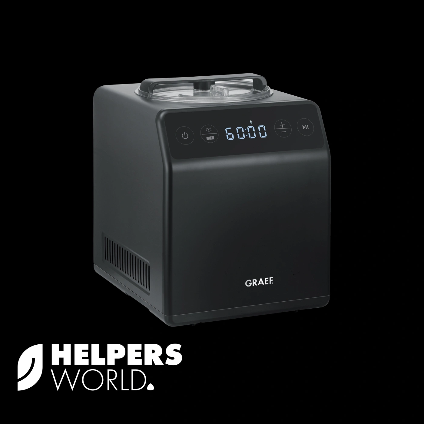 Black ice cream maker with digital display and GRAEF logo on black background.