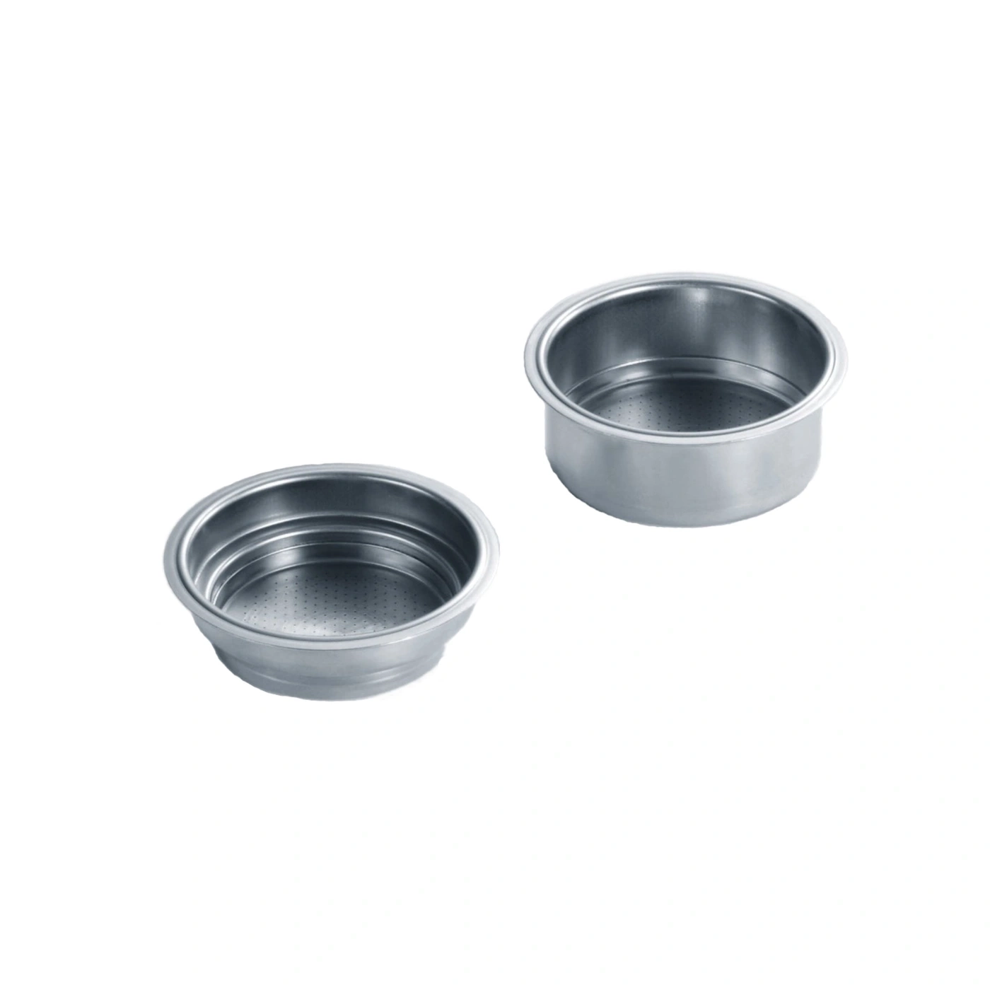 Two silver coffee filters on white background, close-up shot.