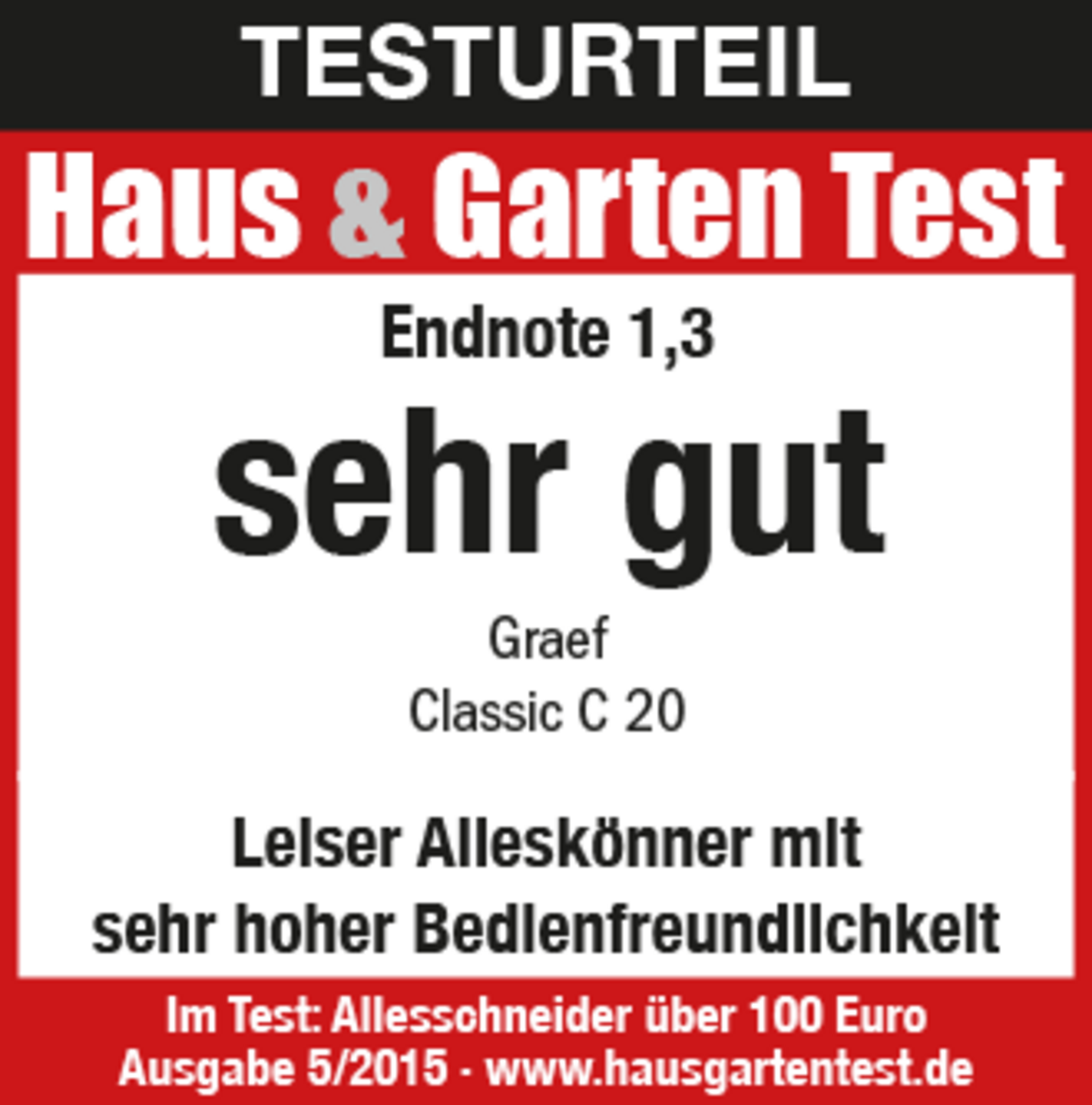 Testurteil Haus & Garten Test: Endnote 1,3, sehr gut, Graef Classic C 20, Allesschneider.