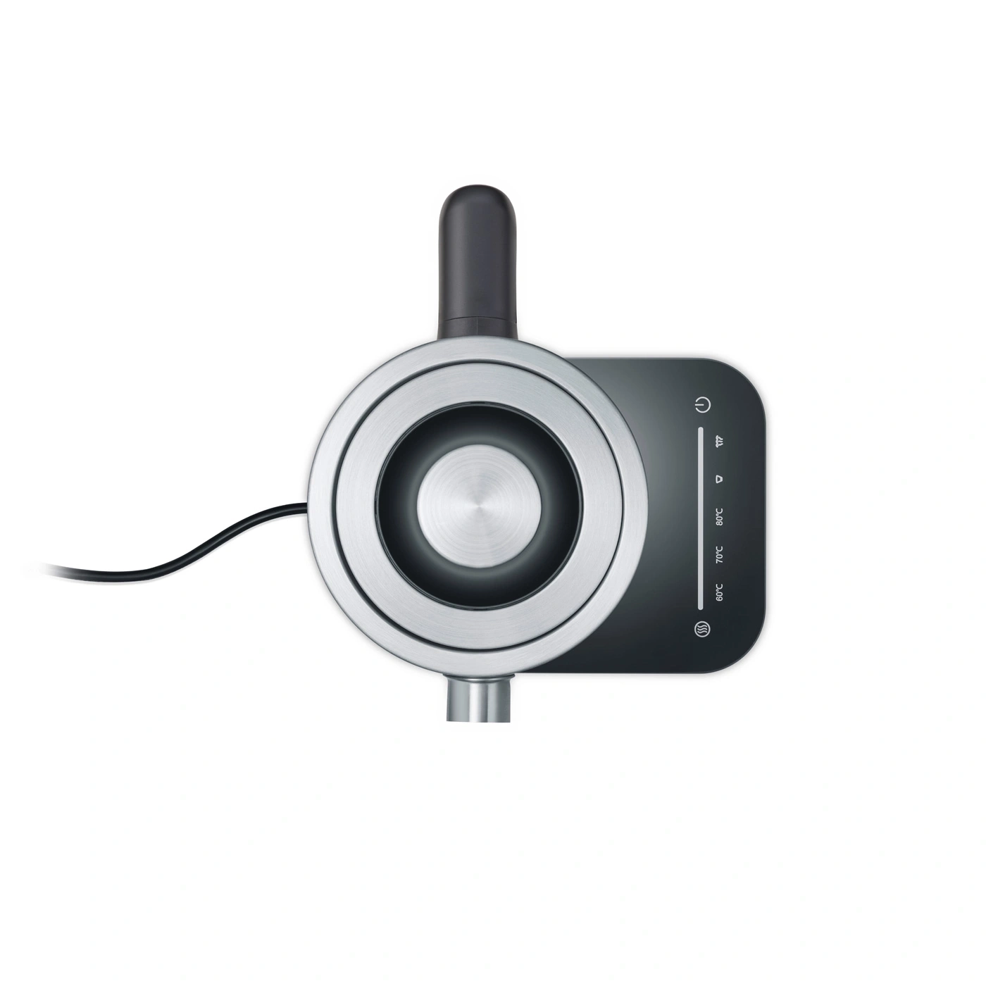 Kettle, top view, stainless steel, black, control panel, temperature display, power cord