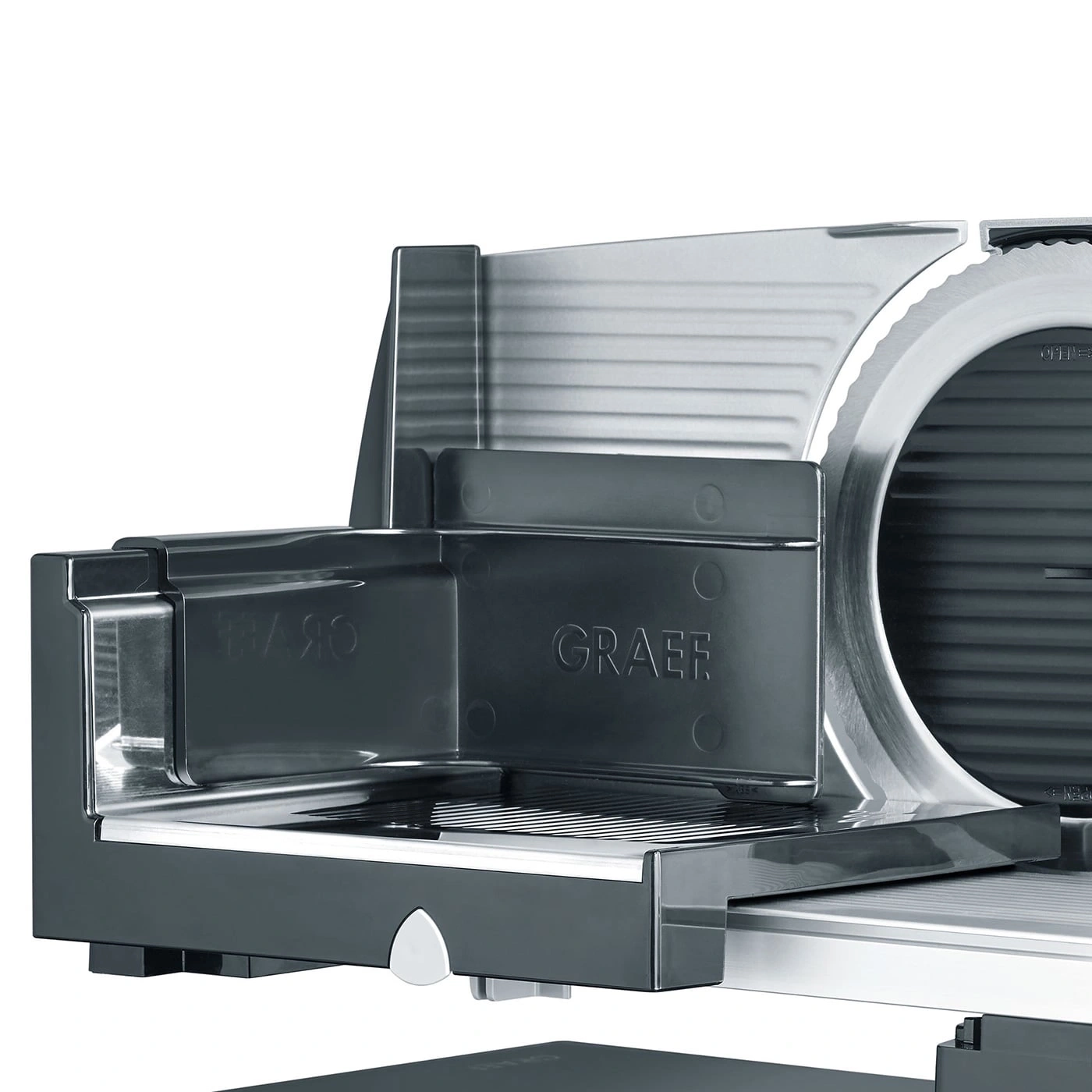 Graef food slicer, close-up detail, gray color, stainless steel, kitchen appliance, macro