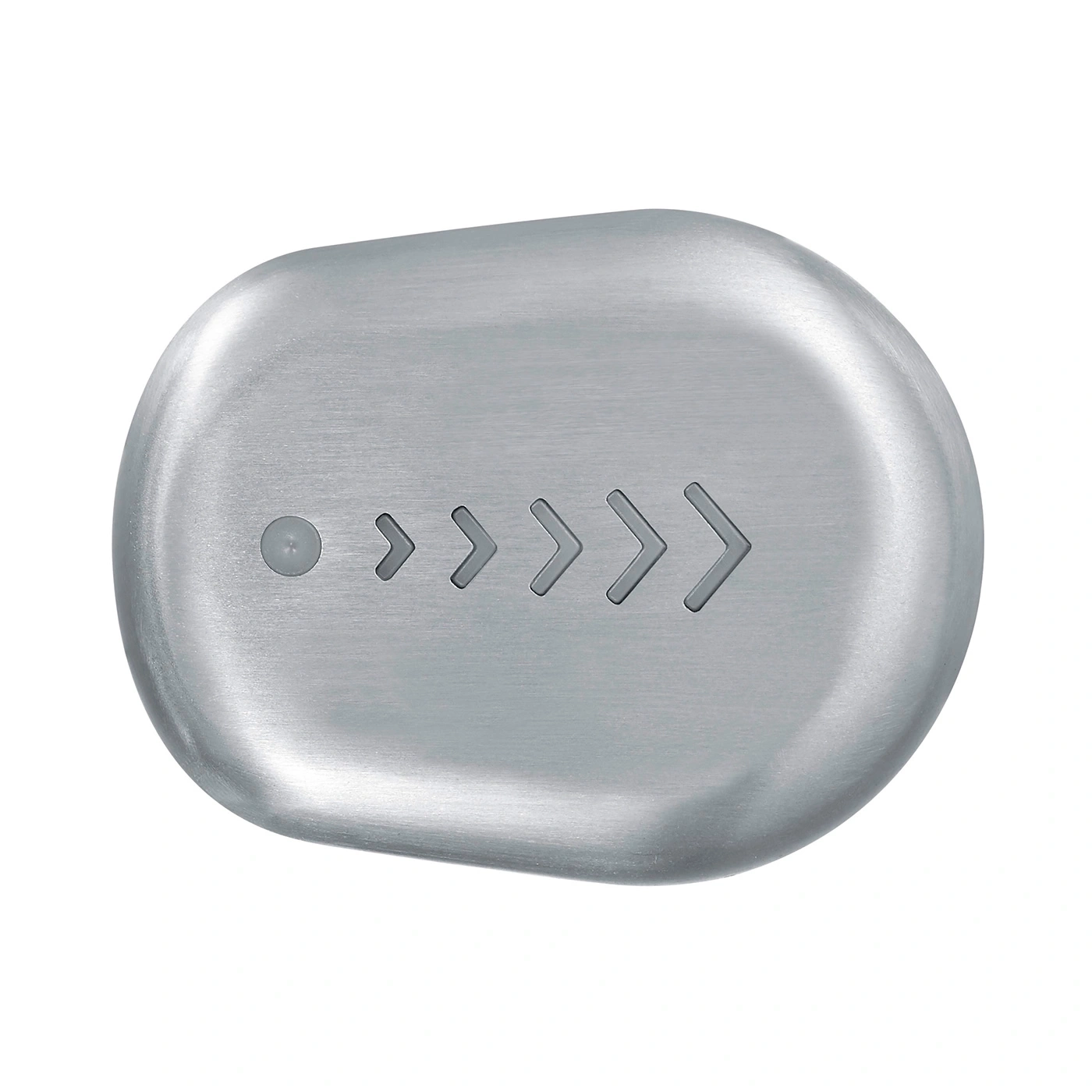 Gray oval button with arrows and a dot, metallic surface, simple design