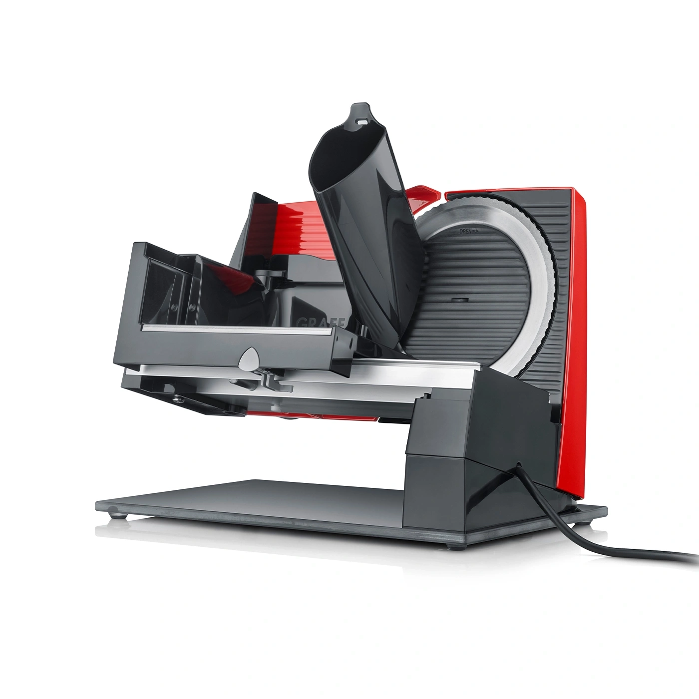 Red and black Graef food slicer, electric, with blade, for slicing food