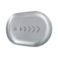 Graue ovale Taste mit Pfeilen und einem Punkt, Metalloberfläche