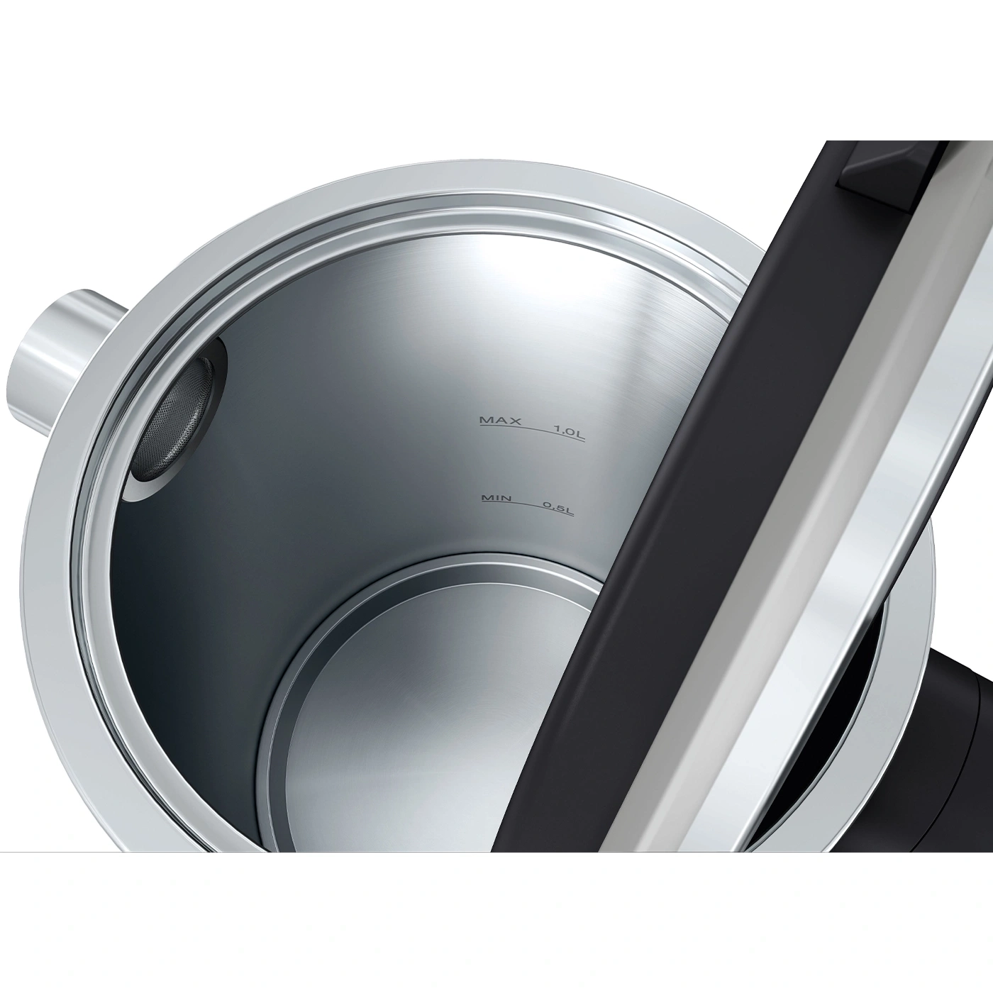 Close-up of a kettle with water level indicators, showing min and max.