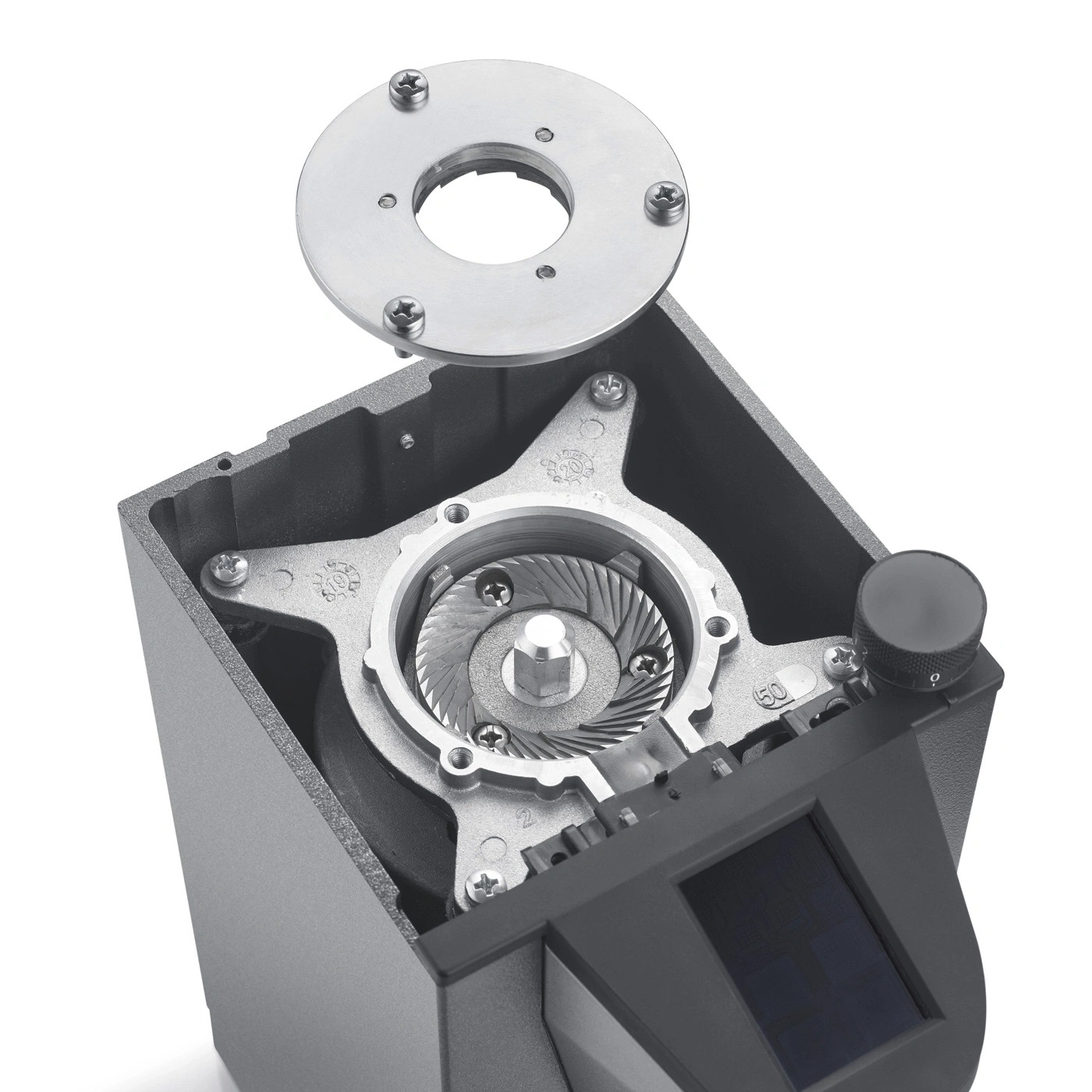 Coffee grinder, disassembled, burr grinder, metal, screws, display, knob, close-up.