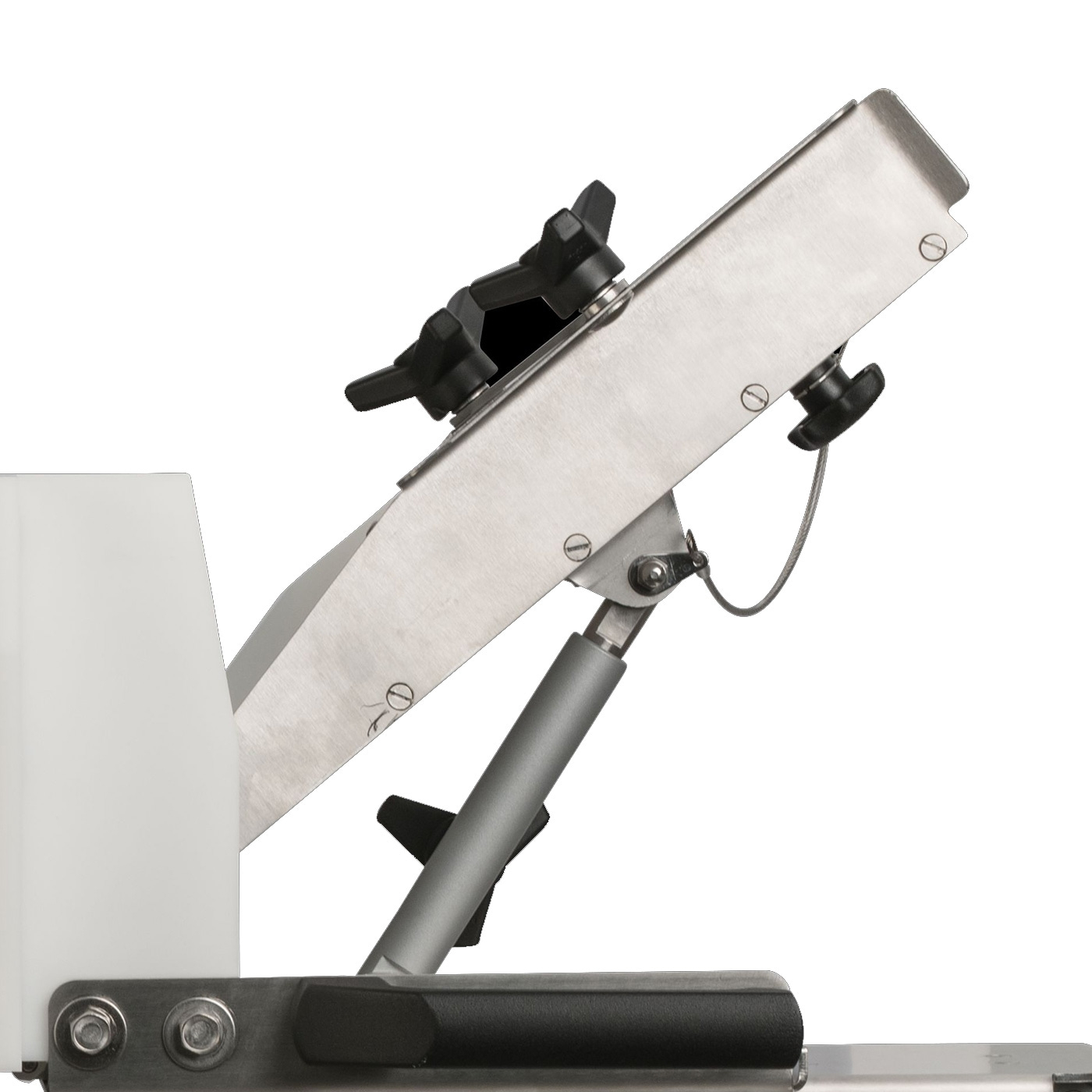 Metallkonstruktion mit schwarzen Knöpfen und weißem Kunststoffteil, schräg gestellt