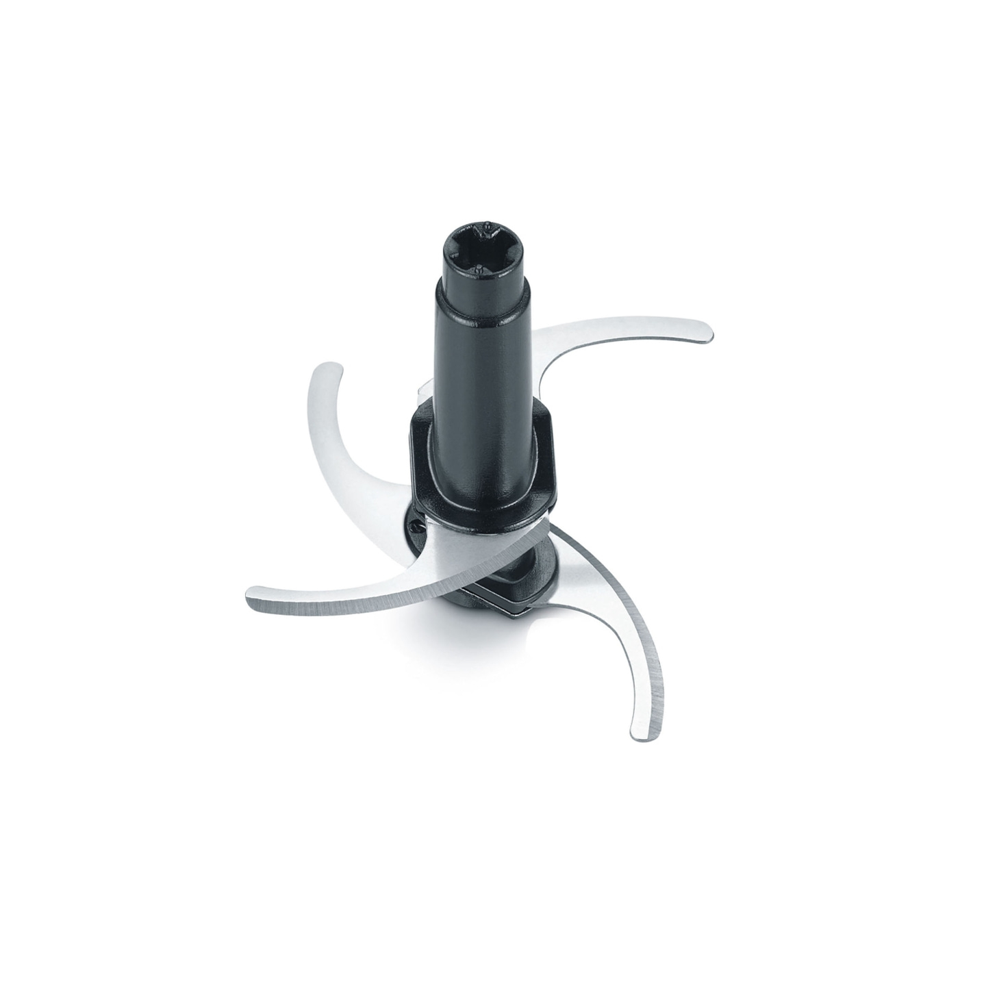 Nahaufnahme eines schwarzen Küchenmaschinenmessers mit drei Klingen auf weißem Hintergrund.