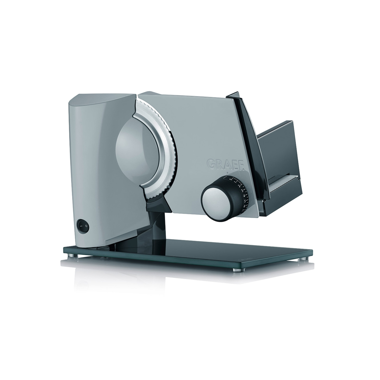 Graef Allesschneider, grau, mit Einstellrad und Schneideblatt, auf Glasplatte