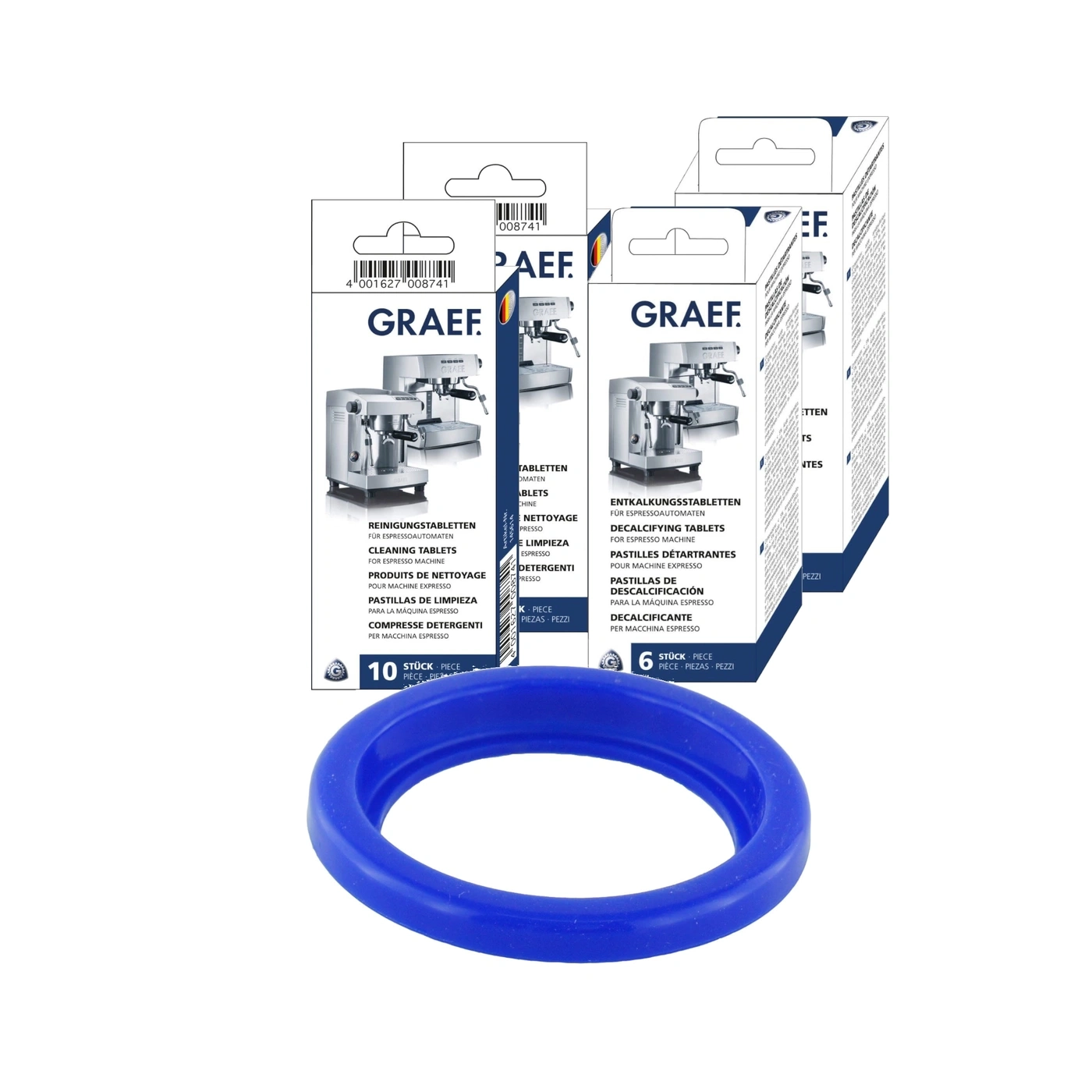 Cleaning tablets and descaling tablets for espresso machines and a blue rubber ring