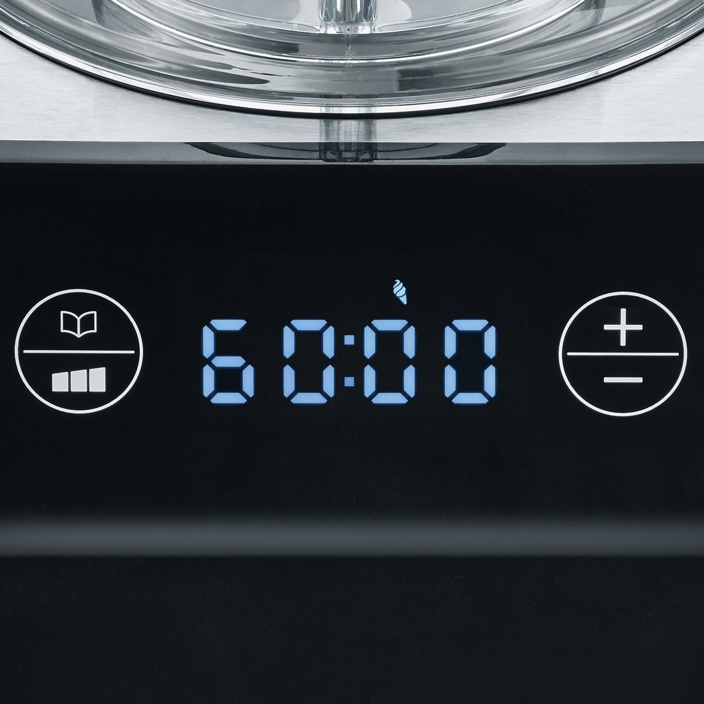 Digitalanzeige mit Symbolen und Zeitangabe 60:00 auf schwarzem Hintergrund