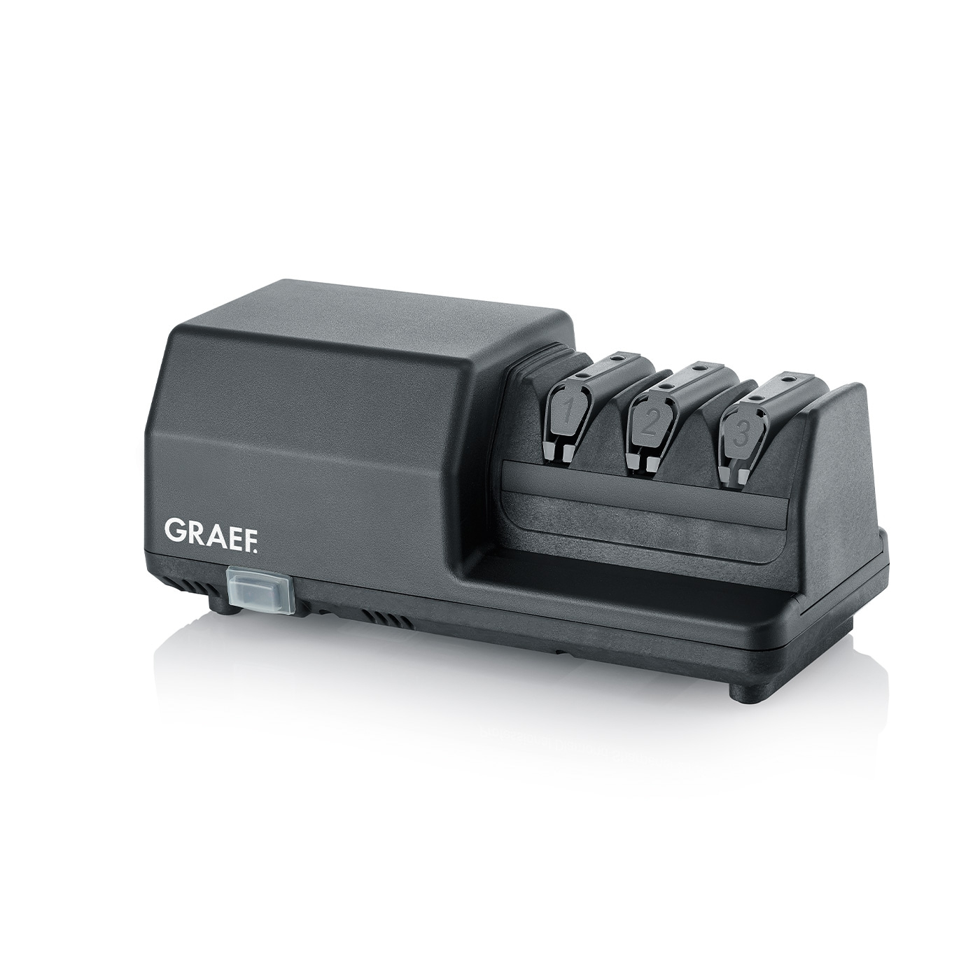Black electric knife sharpener with three slots, branded with the name GRAEF.