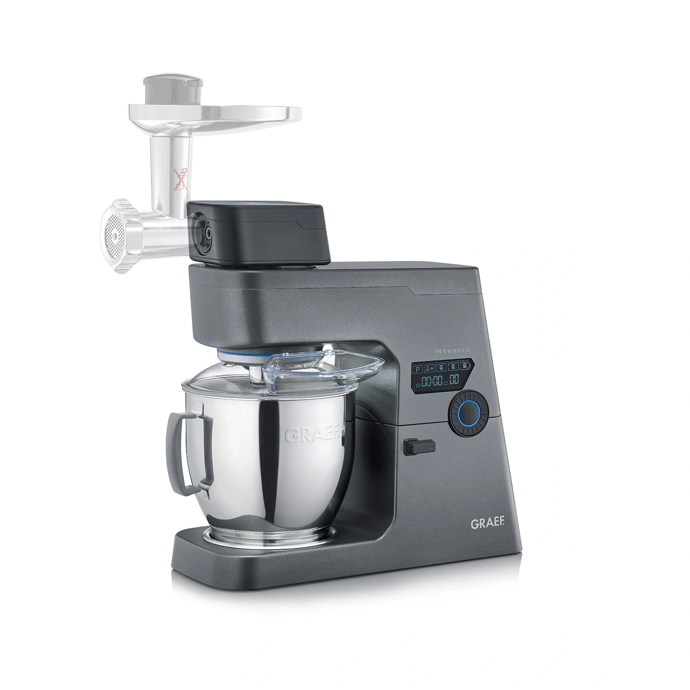 Graef kitchen machine with meat grinder attachment, stainless steel bowl, gray, Myestro