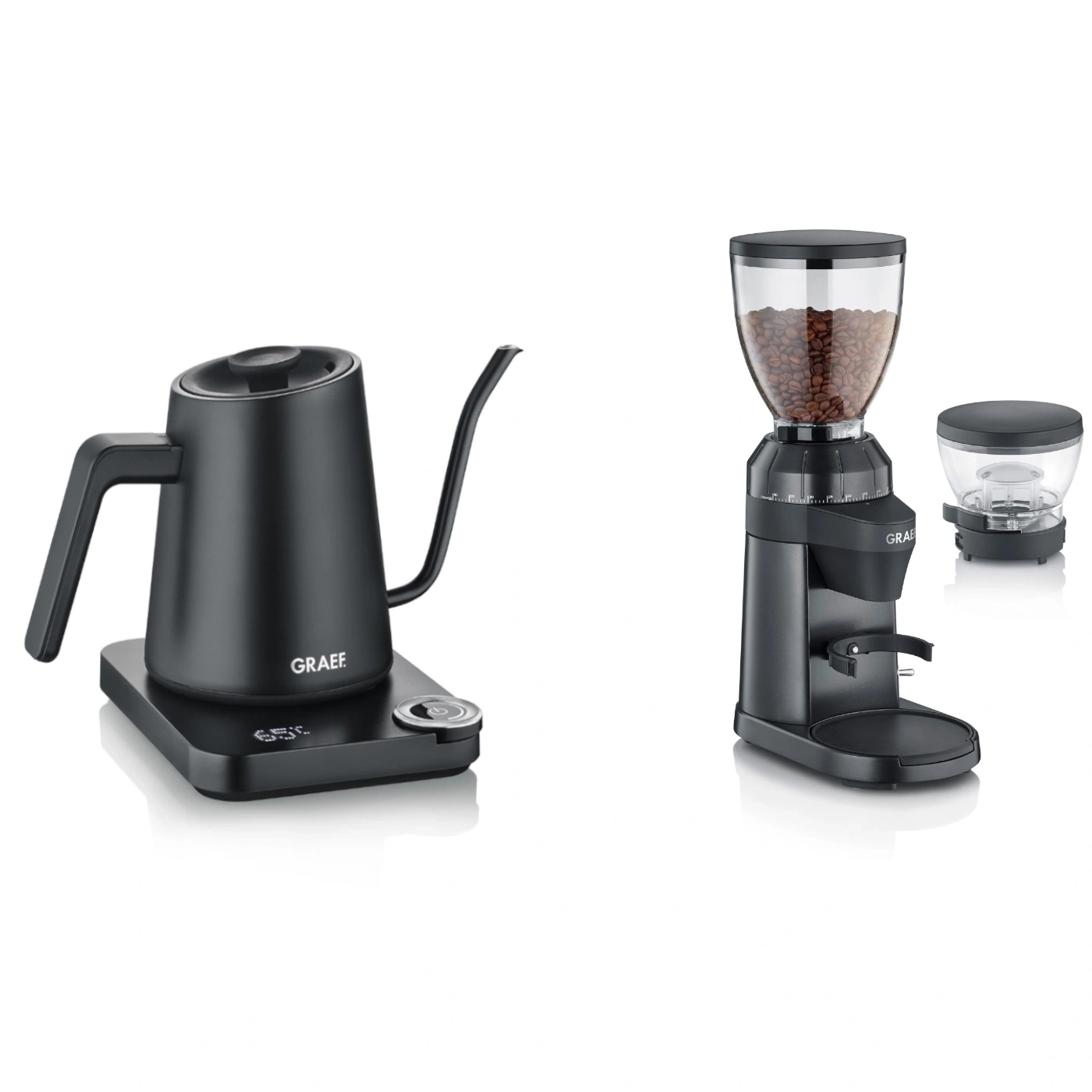 Black kettle and coffee grinder on white background. GRAEF brand.