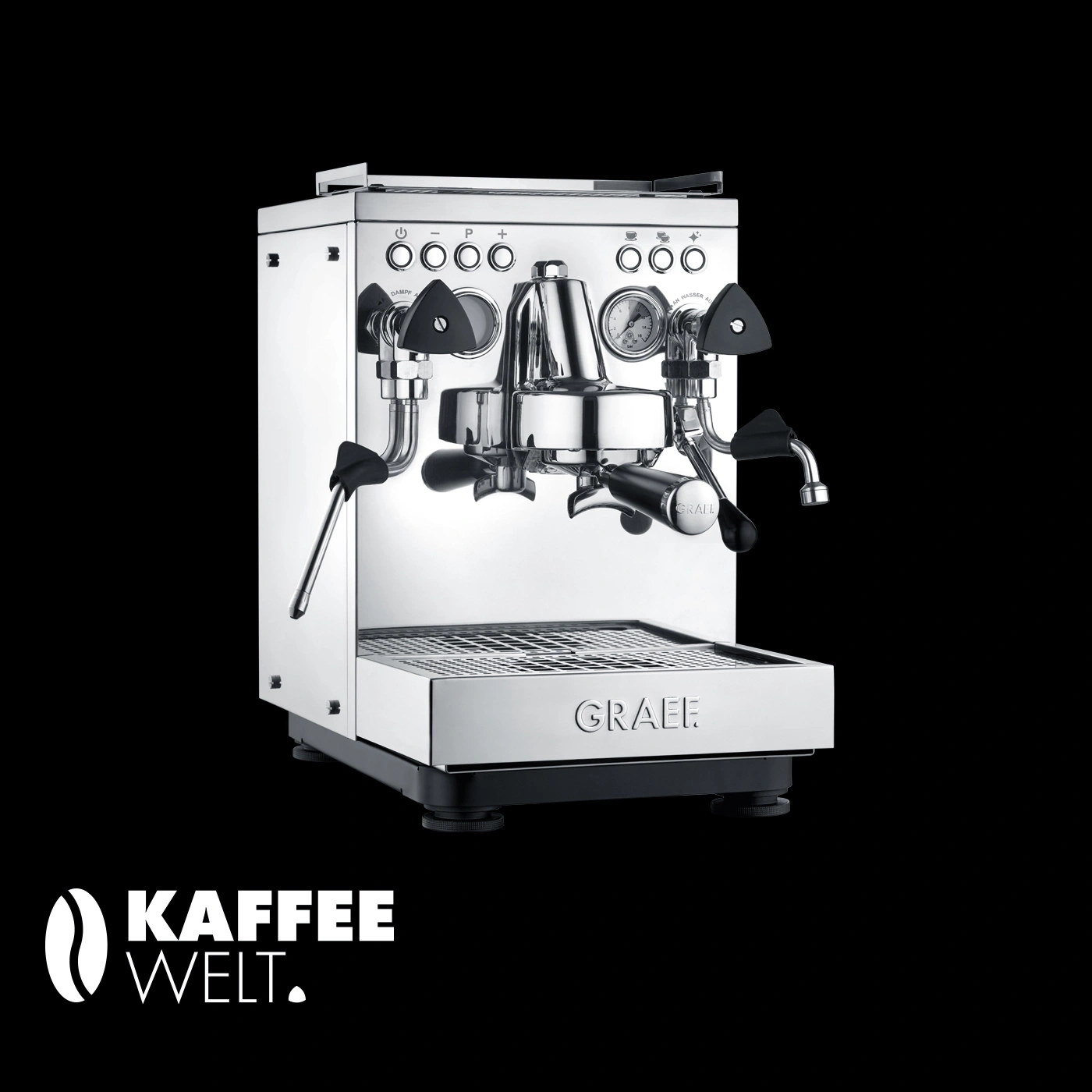 Espressomaschine, silber, poliert, mit vielen Knöpfen und Anzeigen, Marke GRAEF, Kaffee Welt
